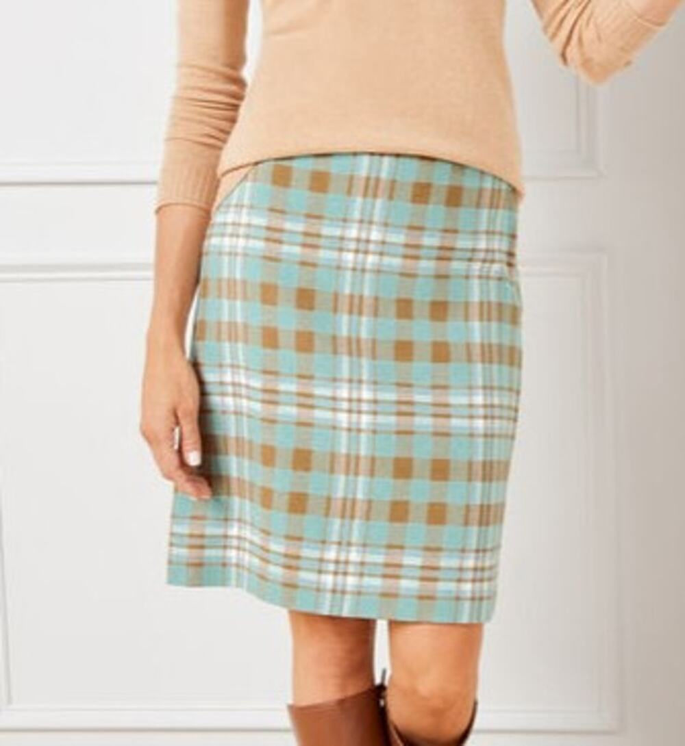 NWT Talbots Wool Blend Tan & Blue Charming Plaid A-Line Skirt Women 6 Small